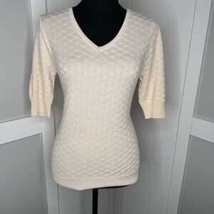 Ella Moss XS Cream Textured Knit‎ Top NWT Elbow Sleeve V-Neck Sweater
